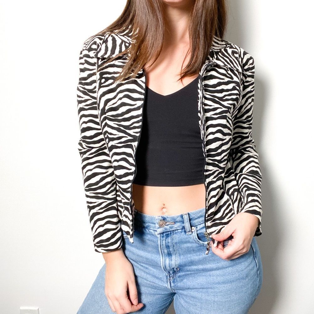 Vintage Eighties Ribkoff Zebra Print Cropped Bomber Jacket